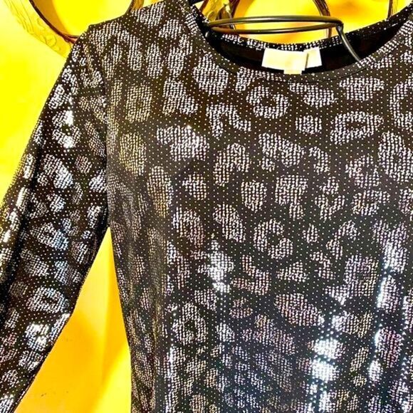 MICHAEL KORS BLACK & SILVER METALLIC LEOPARD PRINT SHIFT DRESS L NWT - Picture 5 of 16